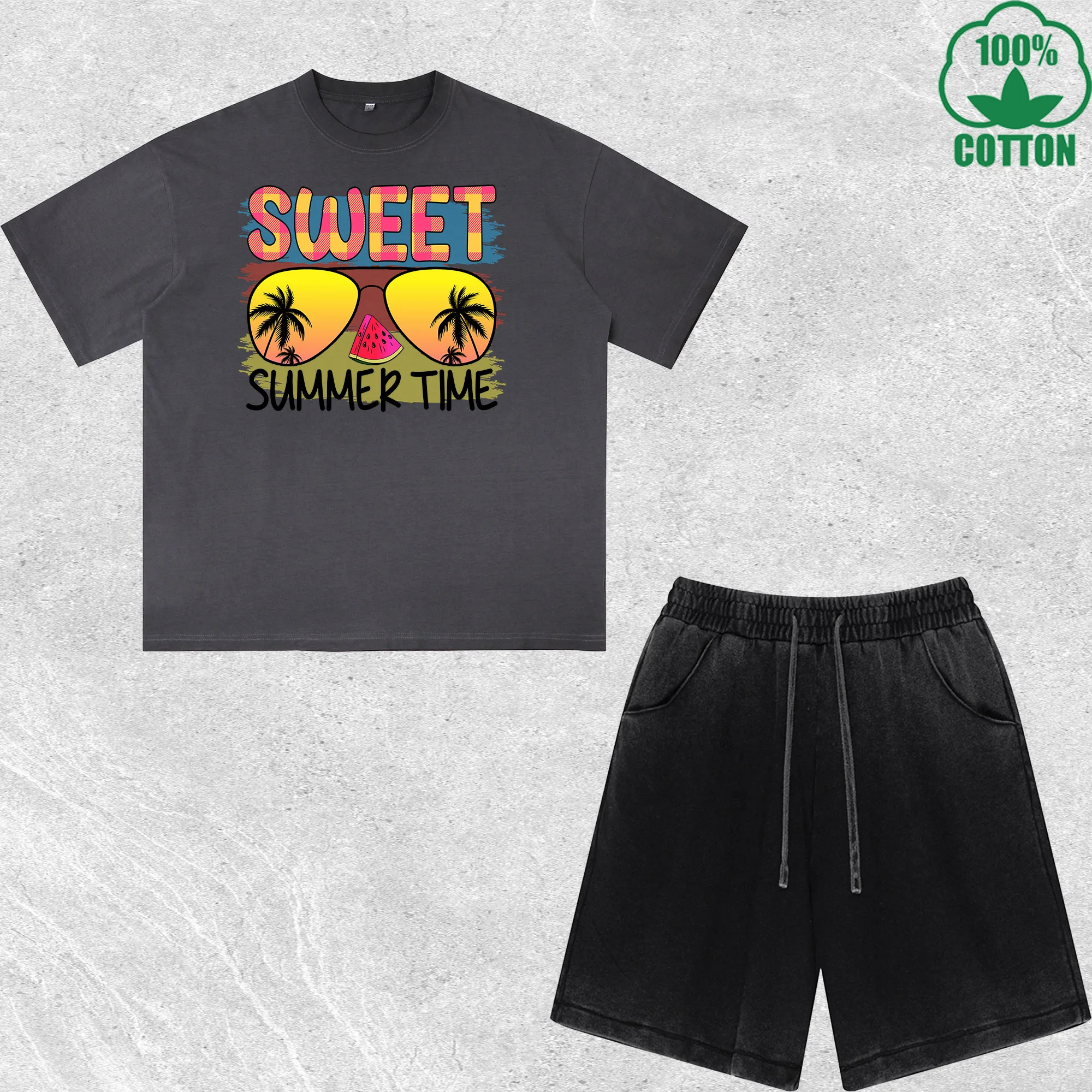 

Sweet Summer Time Printed Dirty Wash T-Shirt Shorts Set Multicolor Combo Loose Trendy Fashionable 100%Cotton