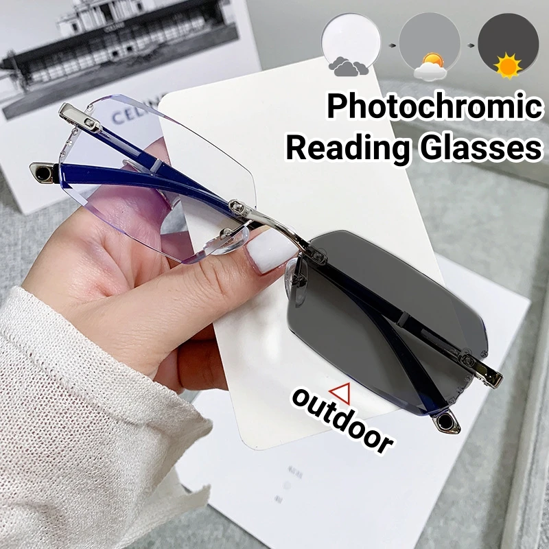 

Diamond Trimmed Frameless Photochromic Reading Glasses Fashionable Business Men Glassess Anti Blue Light Presbyopia Glasses