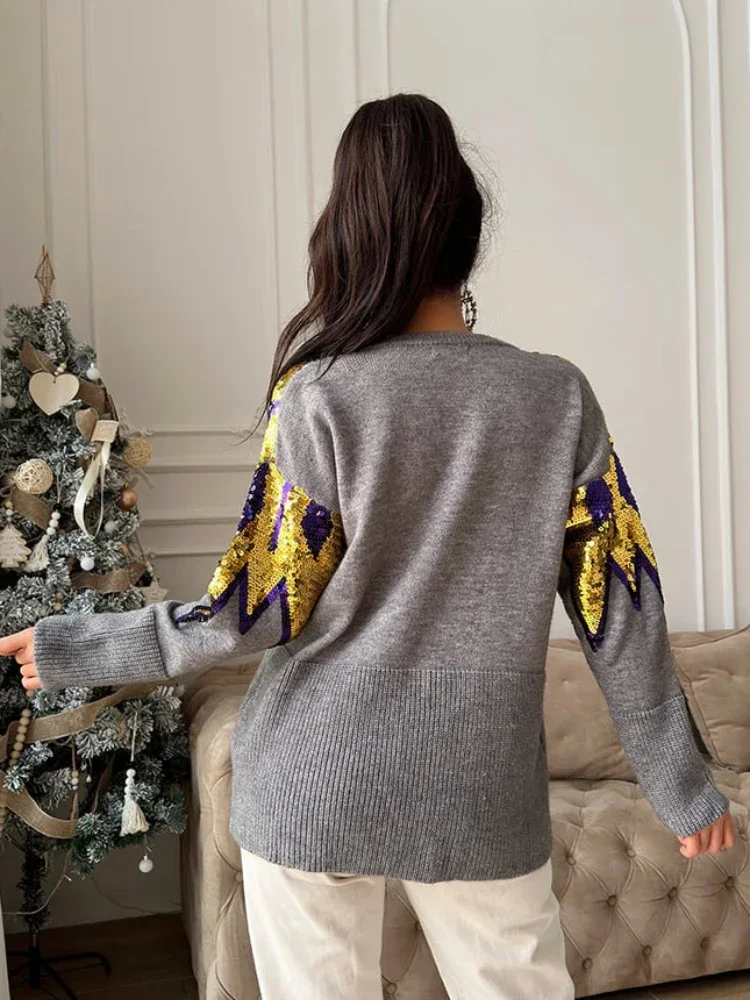 Grey Sequin Neck Geometric Graphic Sweater Jumper Sequins Colorful Jacquard Knit Pullovers Knitwear Autumn/Winter Women Outwear