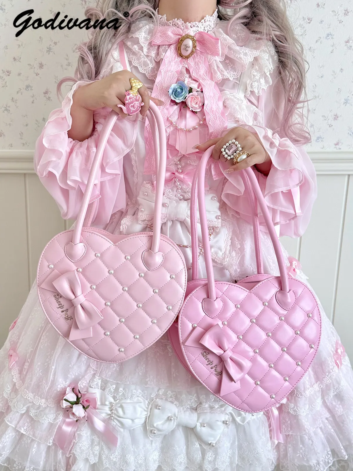 Sweet Cute Girls Pearl Beaded Love Shape Tote Bags Girl Women's Lolita Bow Lolita Zipper Handbags Corssbody Leather Bags