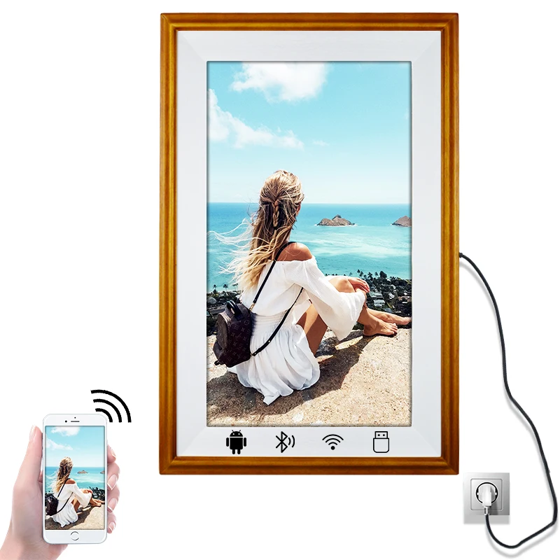 21.5 Inch App-Controlled IPS HD Cloud Digital Photo Frame NFT Video Wooden Clock 2x5W Wood Speaker Wi-Fi MP3 1920x1080 Video