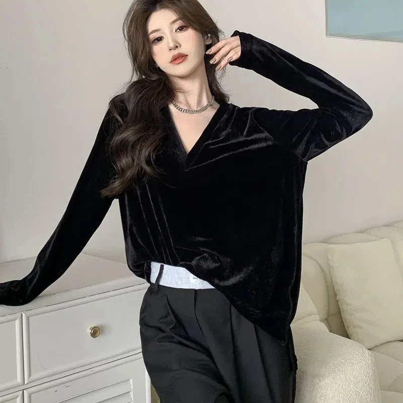 الذهبي المخملية الخامس الرقبة الأسود خمر تي شيرت ربيع الخريف جديد طويل الأكمام فضفاضة الشارع بلايز عادية موضة ملابس حريمي أنيقة