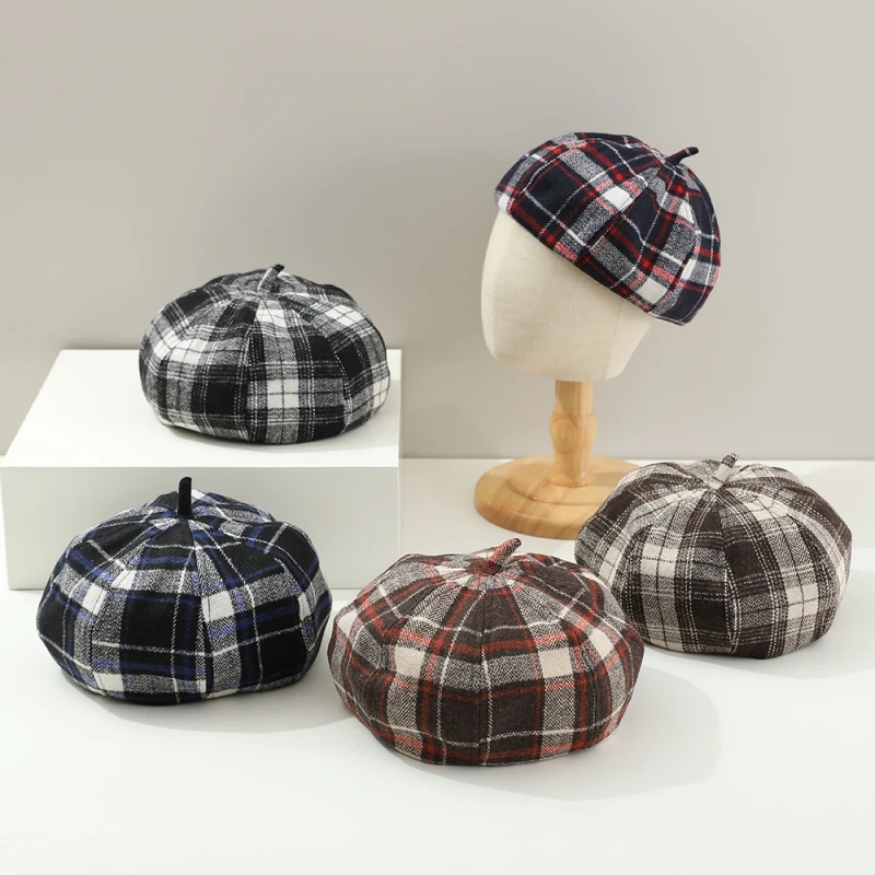 Spring Autumn Children Beret Fashion Woolen Toddler Artist Painter Cap Vintage Plaid Beret for Girls Winter Kids Beanies Hats