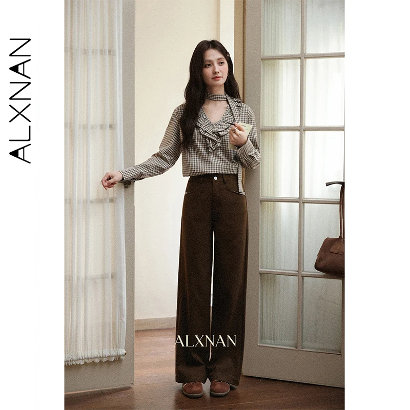 

ALXNAN Brown Pants High-waist Straight Wide-leg Casual Cotton 100% Women's Baggy Pants Autumn Versatile Slim-fit Trousers L57269