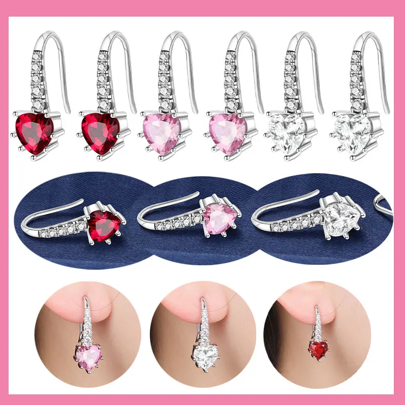 

Earrings 925 Sterling Silver Red Pink Negotiated Exquisite Heart-shaped Hoop Earring Making Jewelry for Women Girl Party Gifts