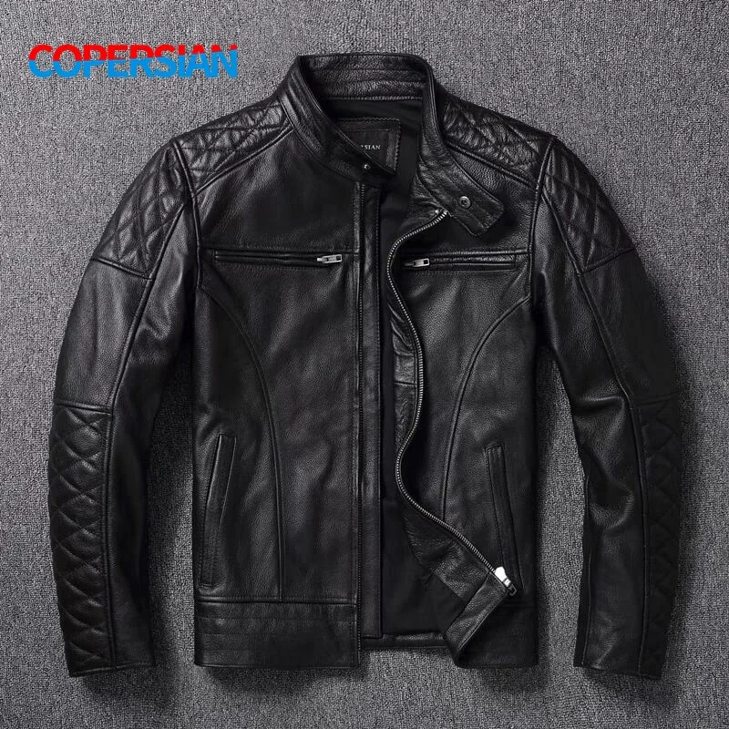 2021 Latest Top Cowhide Plus Size Men's Leather Jacket Stand Collar Slim Fit Fashionable Motorcycle Clothes