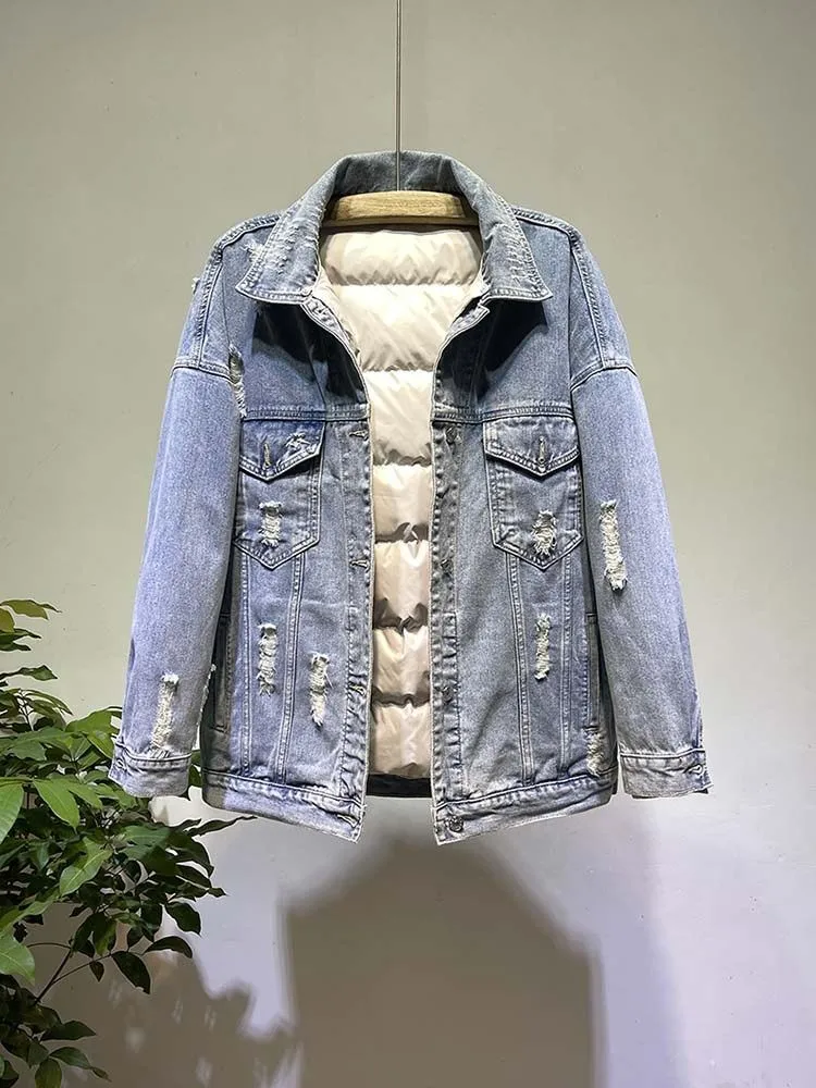 Nouvelles femmes hiver chaud doudoune véritable col de fourrure de renard détachable Denim vers le bas manteau imprimé Patch conceptions coupe-vent vestes bouffantes