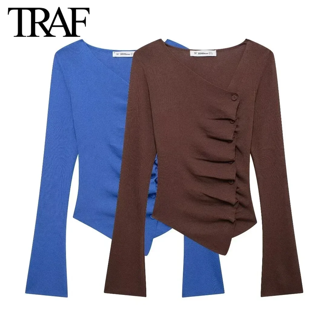 TRAF Women Fashion Irregular Solid Fold Long Sleeved Single Breasted V-neck Knitted Sweater Cardigan Chic Female Knit Coat