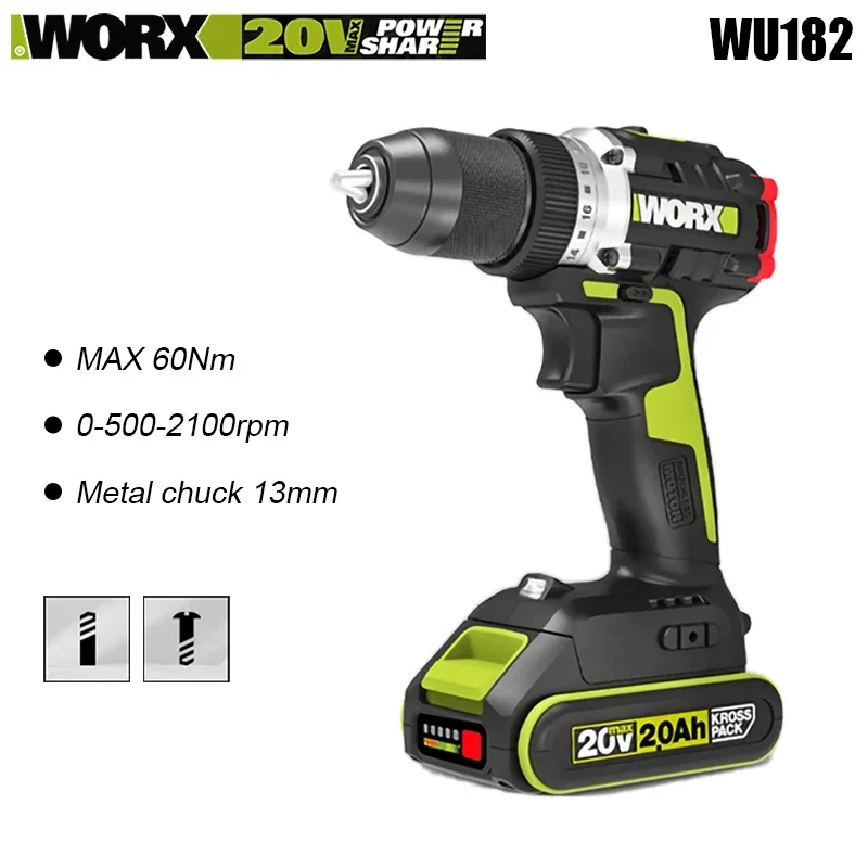 

WORX WU182 Wireless Dual Speed Drill Brushless 20v 60Nm 2100rpm Metal Chuck 13mm for Wood and MetalWorking Share Green Battery