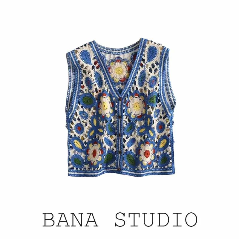 

Летняя свободная этническая рубашка BANA с v-образным вырезом и цветочным крючком, тонкая женская куртка, уличная длина, деталь на пуговицах