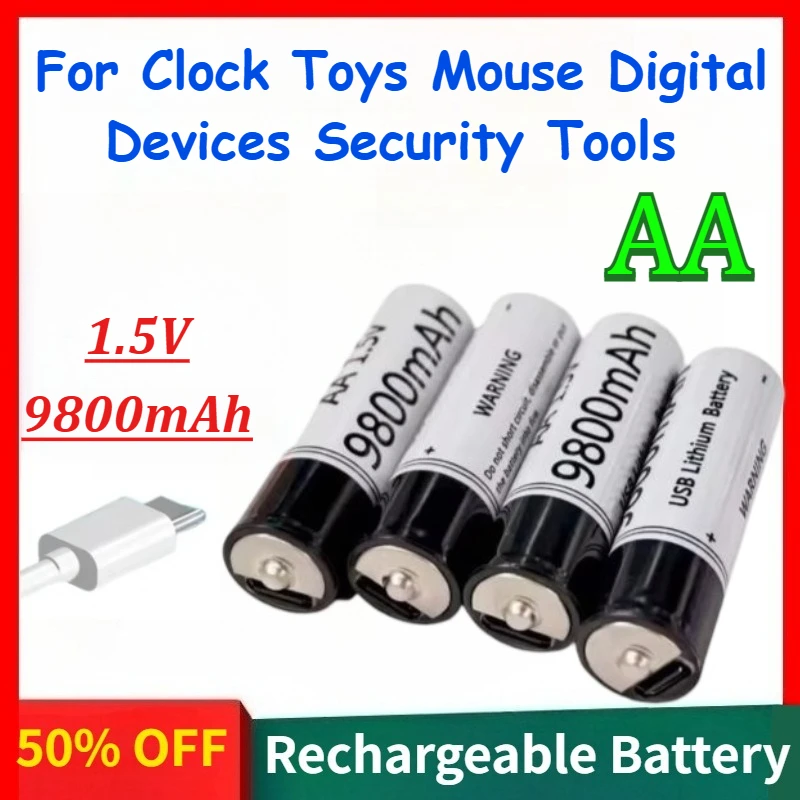 1.5V 9800mAh AA USB-C Li-ion Rechargeable Batteries For Clock Toys Mouse Remote Controls Digital Devices Security Tools Etc