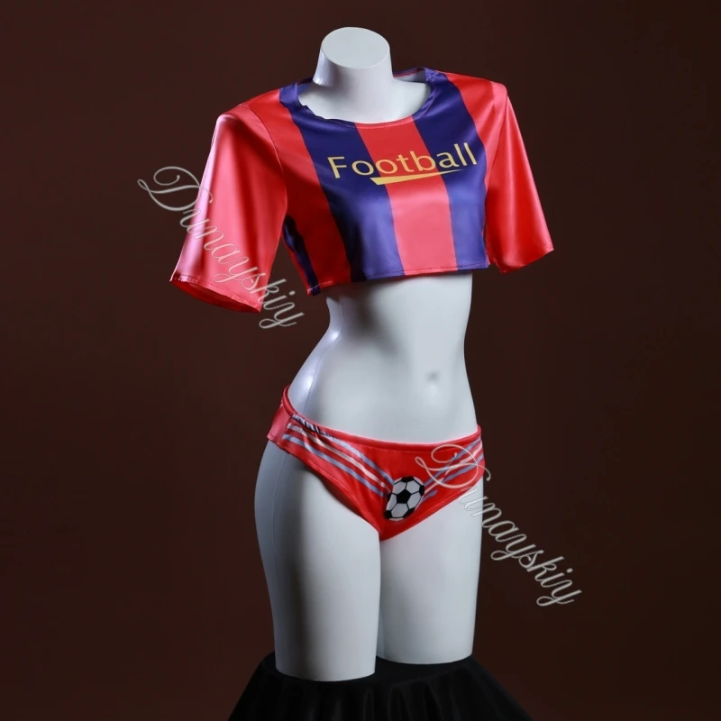 Women Football Cheerleader Two Piece Lingerie Set Red Purple Stripe Crop Top Football Themed Bikini Lingerie for Club Party