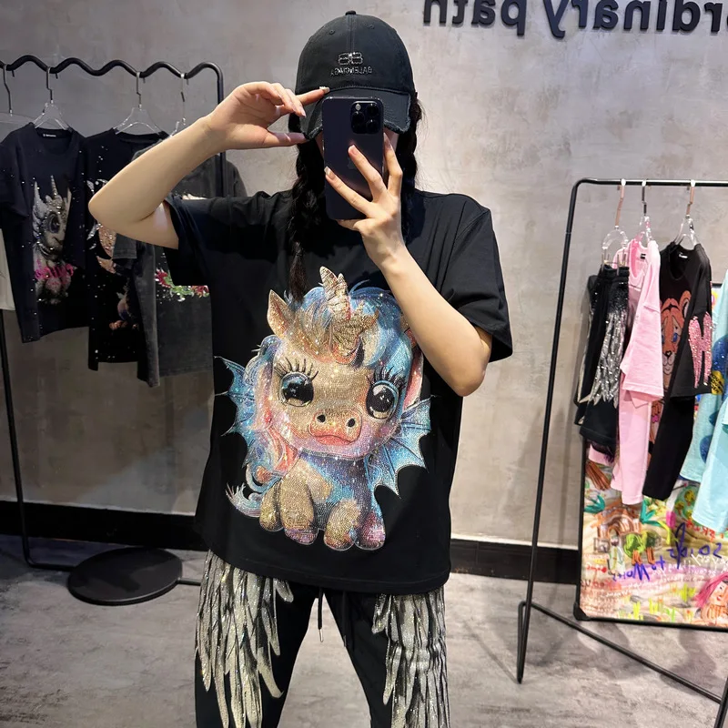 Summer Rhinestone Tees Thin Younger Short Sleeved Cute Cartoon Full Diamond Slimming Men's And Women's High-Quality Top T-shirt