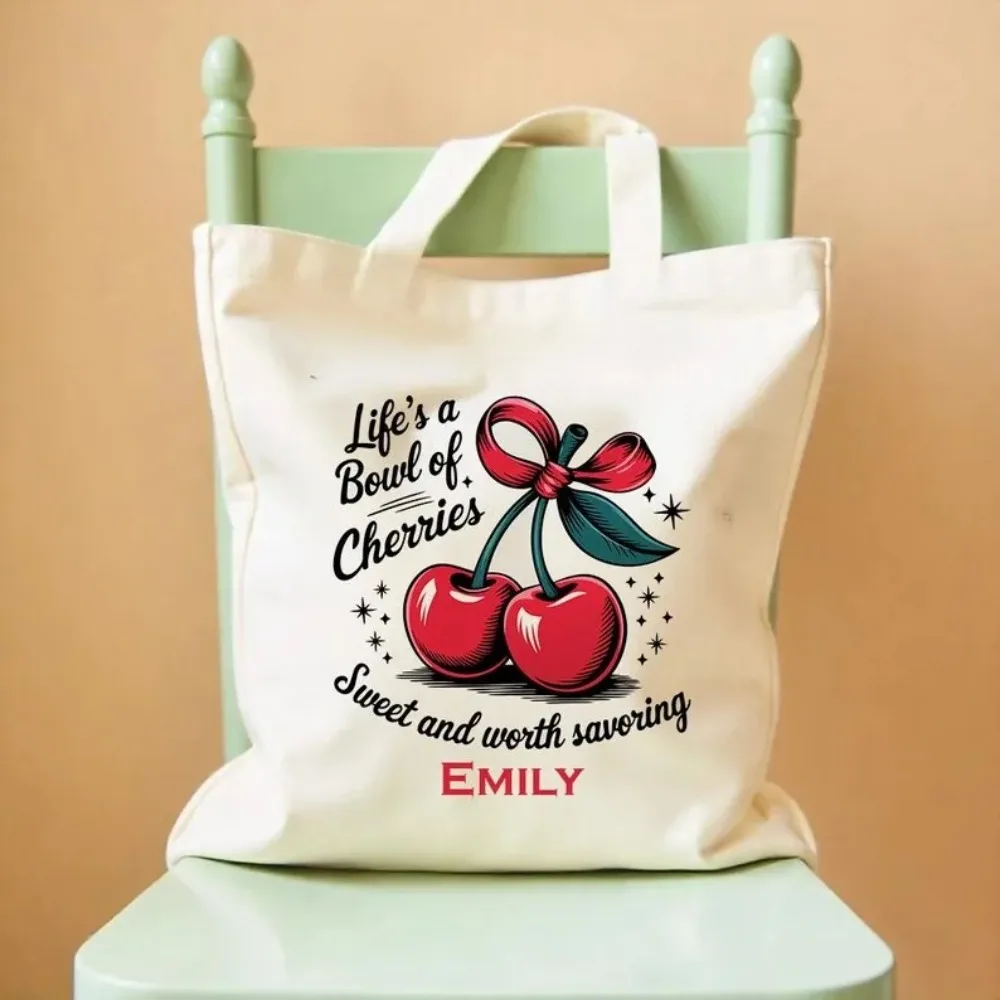 2D Canvas Tote Bag with Cherry Bow Design Have A Good Day Casual Fashion Handbag Machine Washable Durable Canvas Material