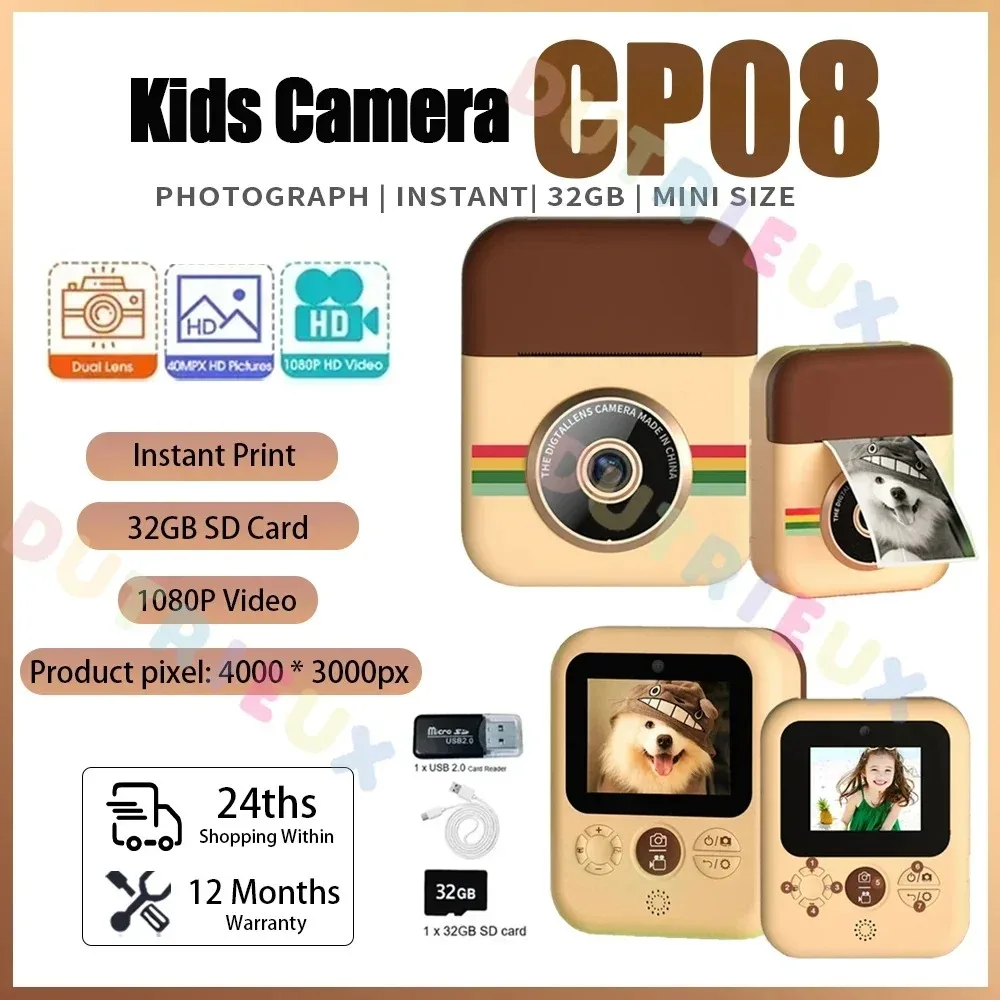 Children Camera CP08 Instant Print Dual Lens Kids Photo Printing Camera HD Video Recording with Thermal Paper Educational Toys