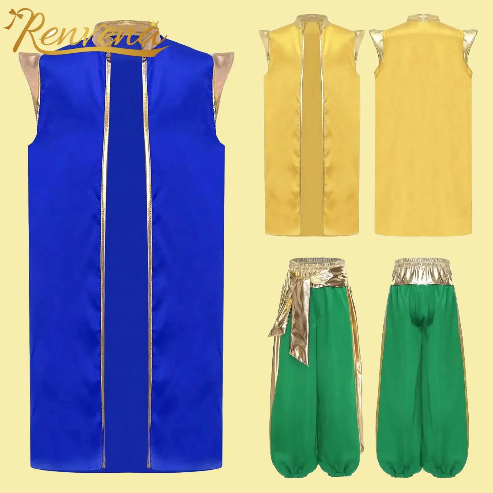 Boys Arab Prince Costume Halloween Party Outfits Kids 2Pcs Persian Arabian Role-play Vest Metallic Bloomers Harem Pants Suit