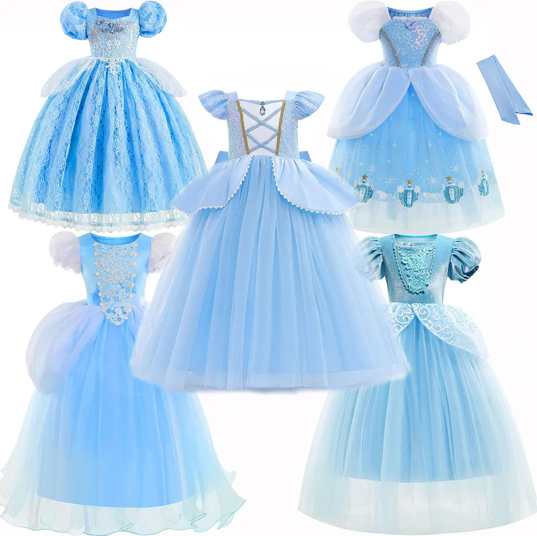 Disney vestido de Cenicienta para niña, disfraz de princesa azul, malla esponjosa, vestidos de noche para fiesta de cumpleaños