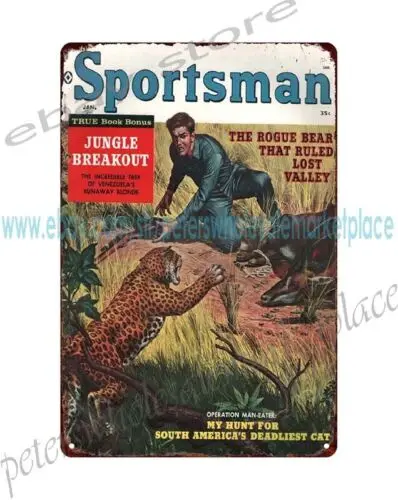 1960 Sportsman magazine cover hunter leopard fighting metal tin sign metal sign