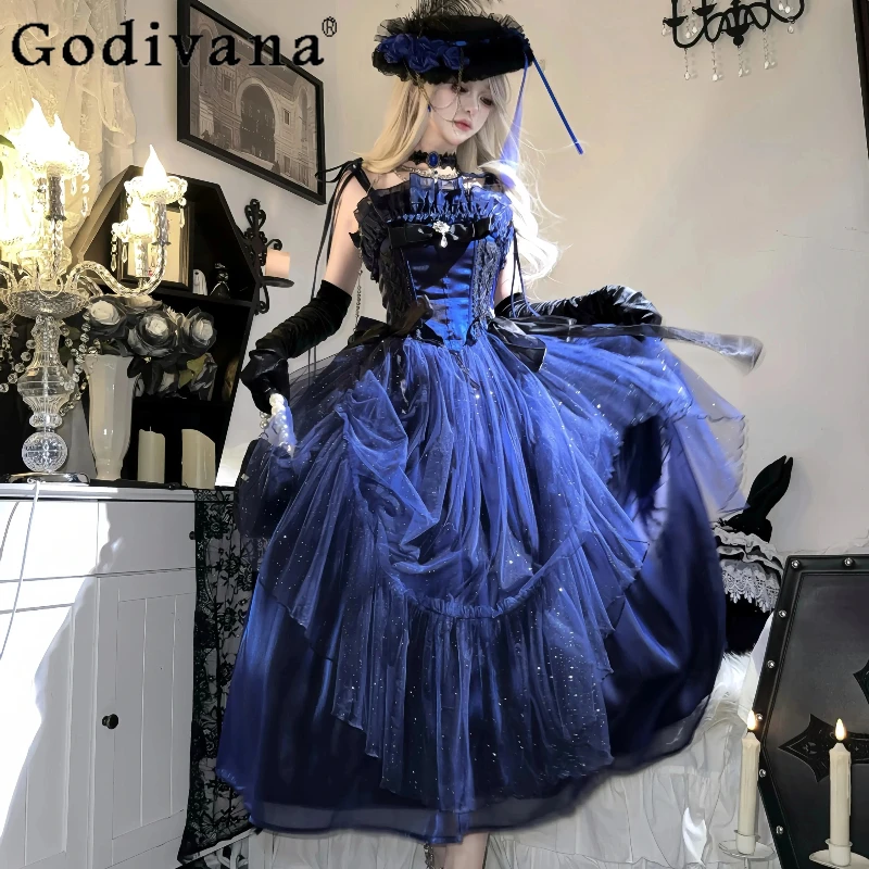 블루 공주 코스프레 드레스 여성 로리타 귀여운 로리타 파티 역할 놀이 Cos 드레스 소녀 여름 카니발 유니폼 드레스