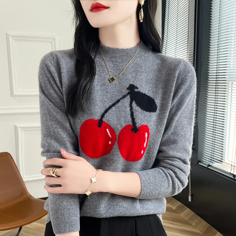 Women\'s Pullover Knitted Sweater Made Of 100% Pure Wool With Half Height Round Neck Long Sleeves For Warmth In Autumn And Winter
