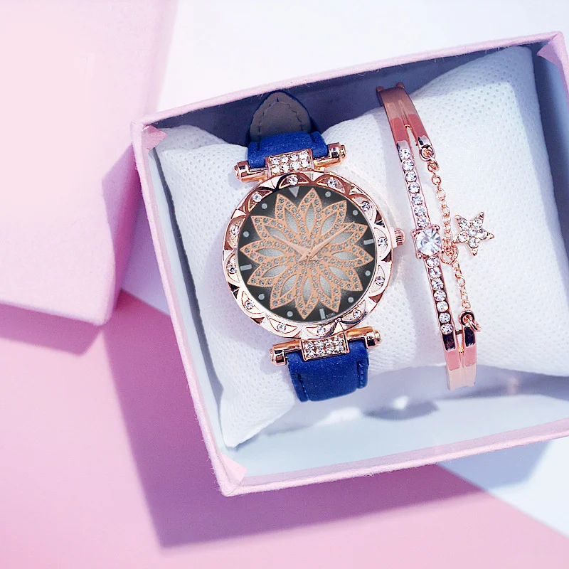 حجر الراين ديكور جولة مؤشر كوارتز ساعة 1PC و 1PC سوار المرأة ووتش مجموعة مجوهرات