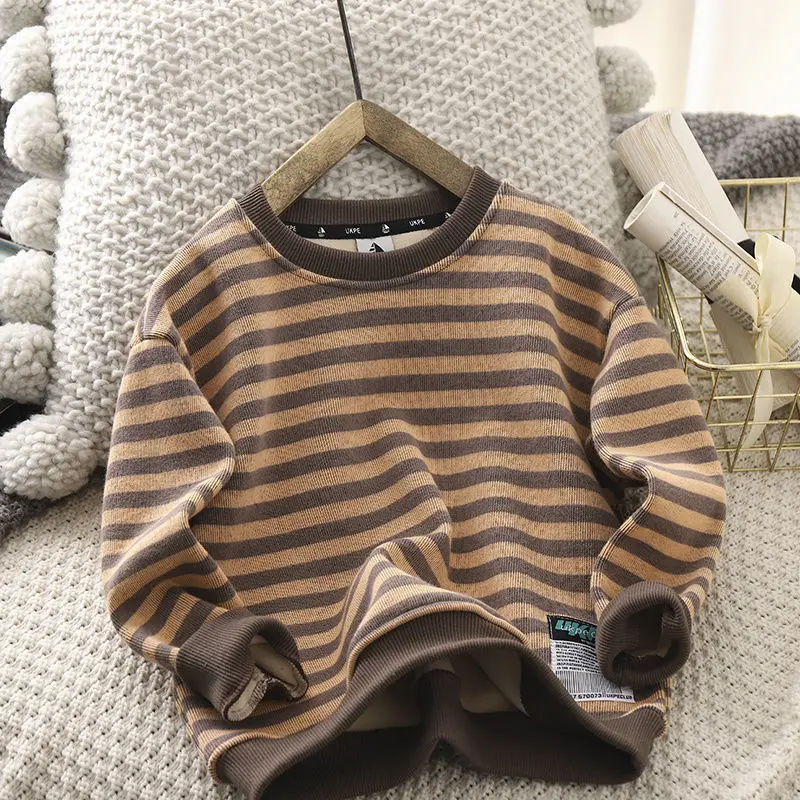 Boys' Fleece-Lined Sweater New Stripe Thickening Warm Medium and Big Children's Boy Bottoming Shirt Long-Sleeved Top