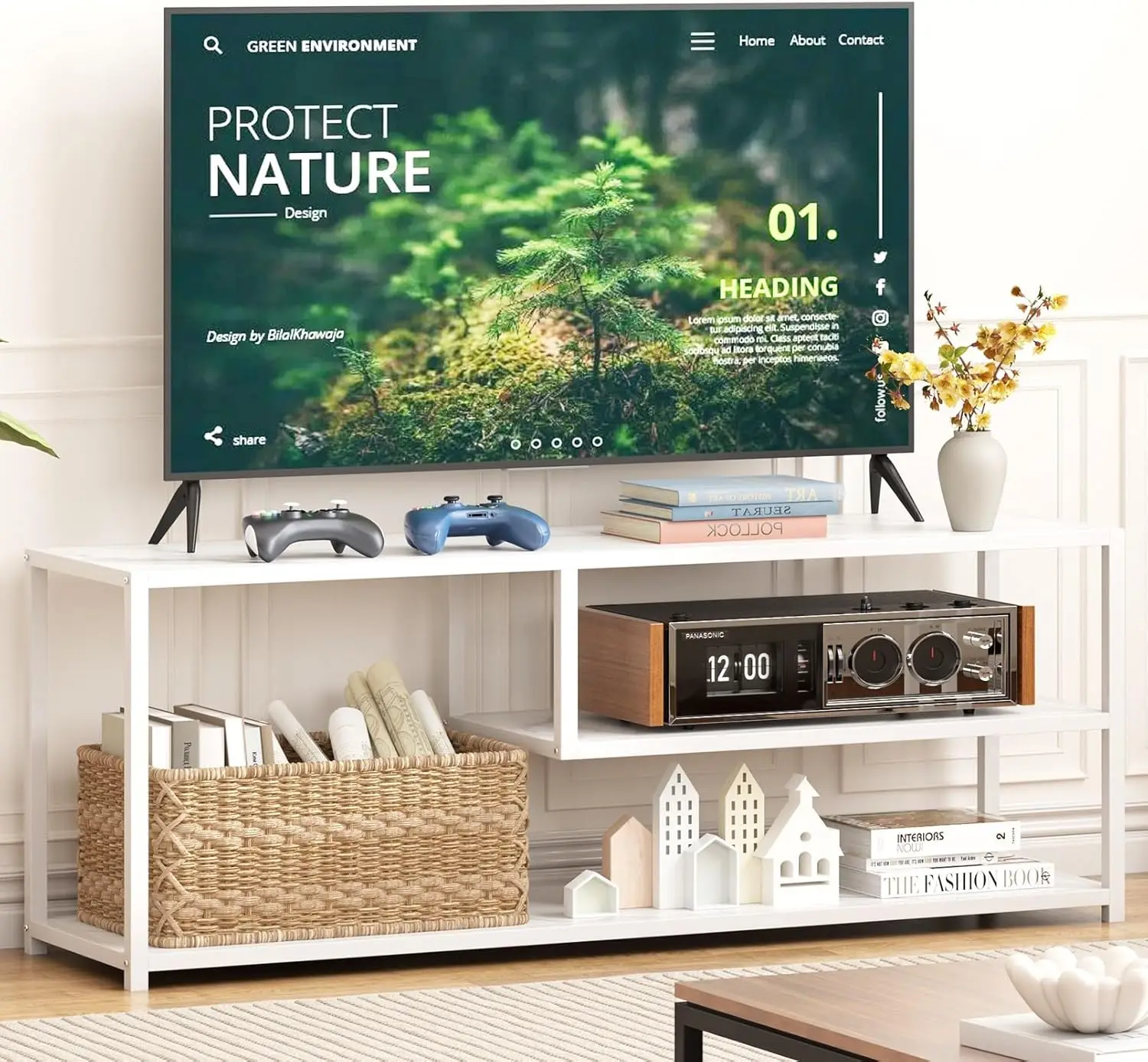 

Modern TV Stand for 55 Inch TVs, 3-Tier Entertainment Center with Open Shelves, White Metal Legs Wood Top