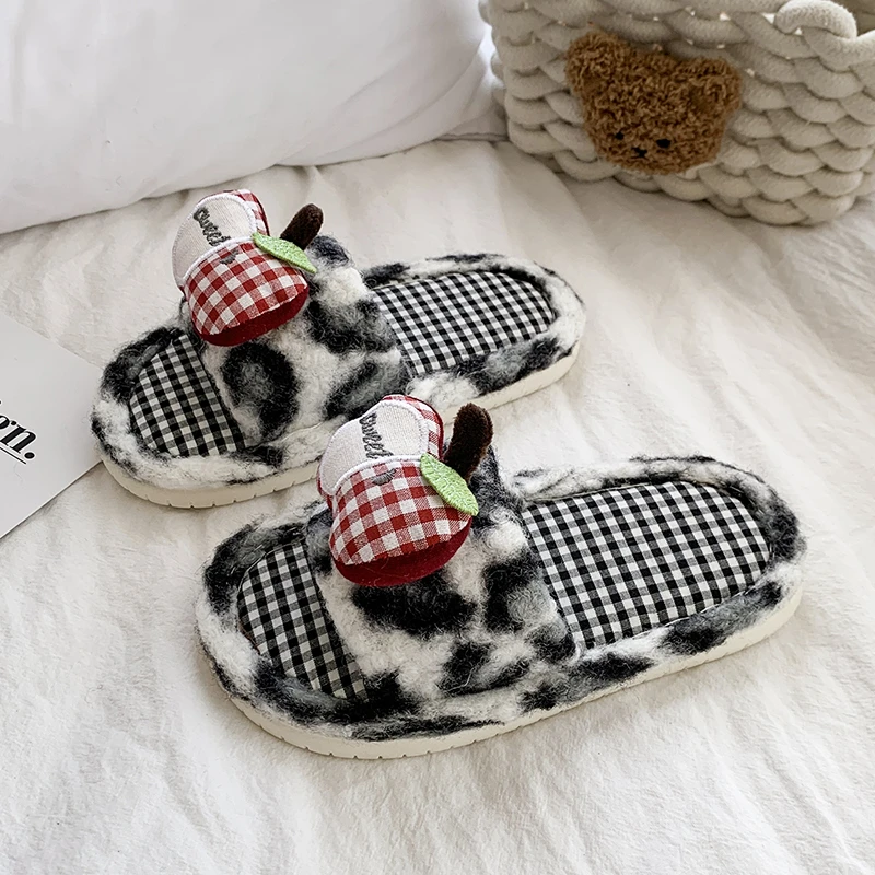 Winter Girls Embroidered Cotton Slippers New Warm Fluffy Children Leopard Flat Shoes for Home Soft Kids Open-toe Plush Slippers - view 5