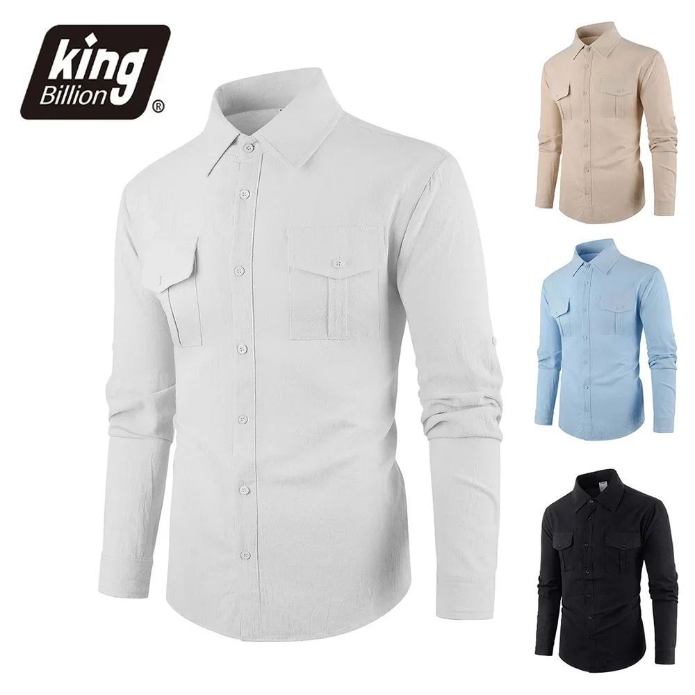 

Мужская стильная рубашка с двойным карманом, хлопково-льняная дышащая рубашка с отложным воротником, однотонные повседневные топы на пуговицах с длинными рукавами