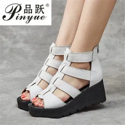 6cm NEW Women Handmade Sandals Wedges Heels Genuine PU Leather Peep Toe Summer Fashion Female Gladiator Sandals Platform Shoes