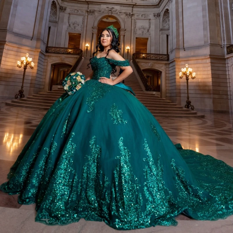 

Blackish Green Shiny Quinceanera Dresses Ball Gown Off The Shoulder Applique Lace Beading Bow Tull Corset Sweet 16 Dress Vestido