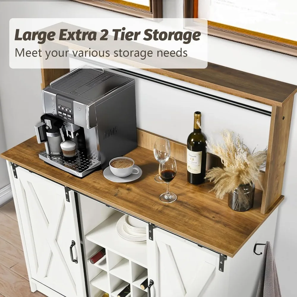 خزانة بار القهوة 4ever2buy Farmhouse مع حافظة، وخزانة بوفيه مقاس 47 بوصة مع مساحة تخزين، وبار النبيذ الأبيض مع 9 رفوف نبيذ و6 ساعات