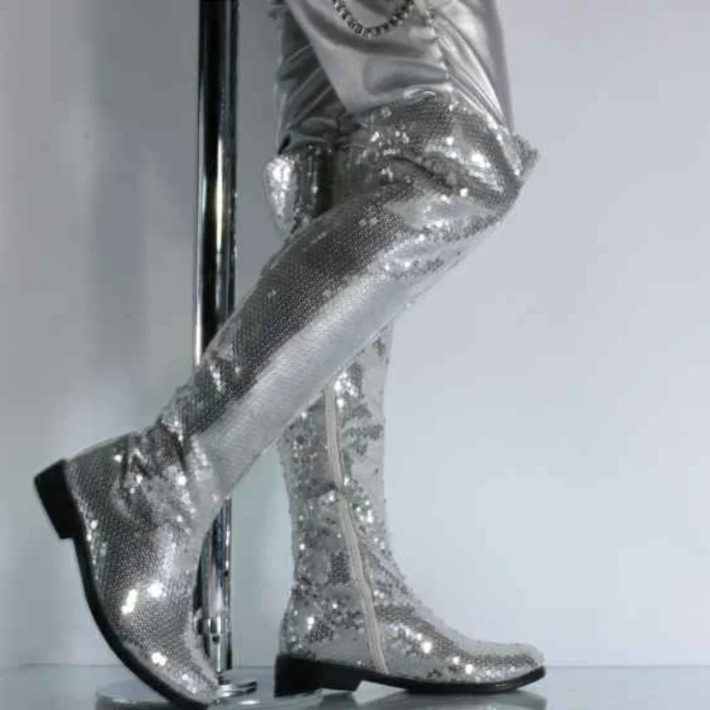 Gold Silvery Sparkly Over-the-Knee Boots for Men,Sexy Sequin Party Long Boots, Stage Perform High Heels Western Cowboy Boots