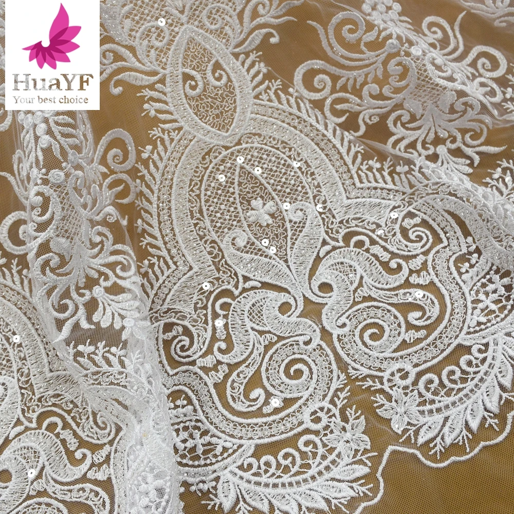 New High Quliaty Beautiful Bridal White Lace Fabric Special Disign, Beaded Wedding Dress Lace Fabric 1 Yard HY1533