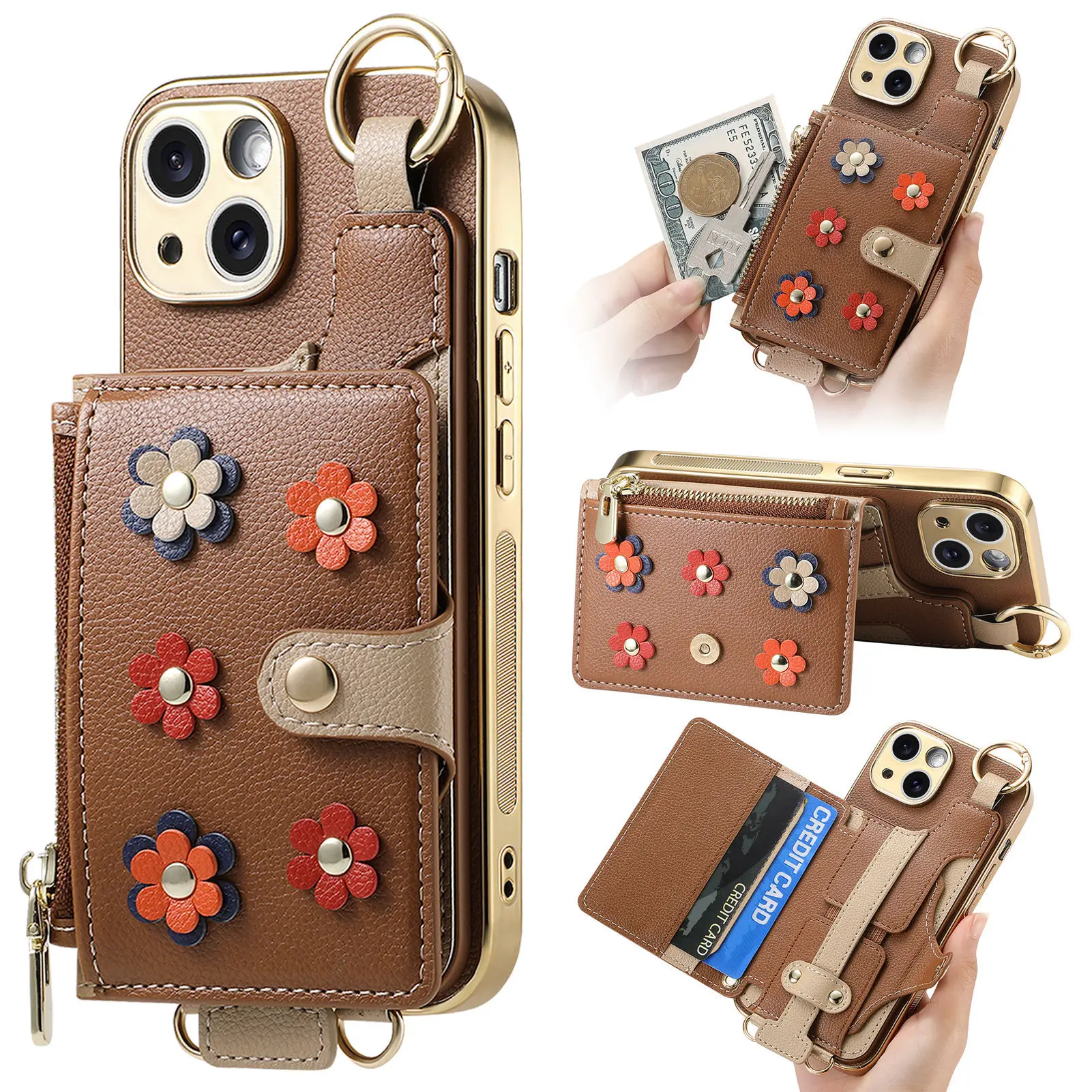 

Leather Phone Case for iPhone 15 14 13 12 11 16 Pro Max 16 Plus Back Cover with Detachable Card Holder and Long Lanyard XL010