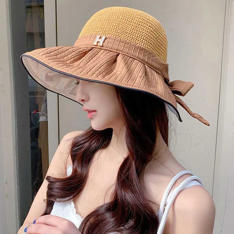 Female Letters Standard Plaid Color Plastic Protection Hat Mesh Breathable Big Brim Sun Cap