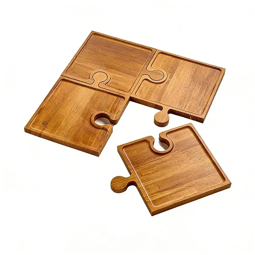 Wooden Jigsaw Elegant Coaster Tray 4pcs Retro Puzzle Appetizer Tray Set Multipurpose Use in Restaurant Party Camping Best