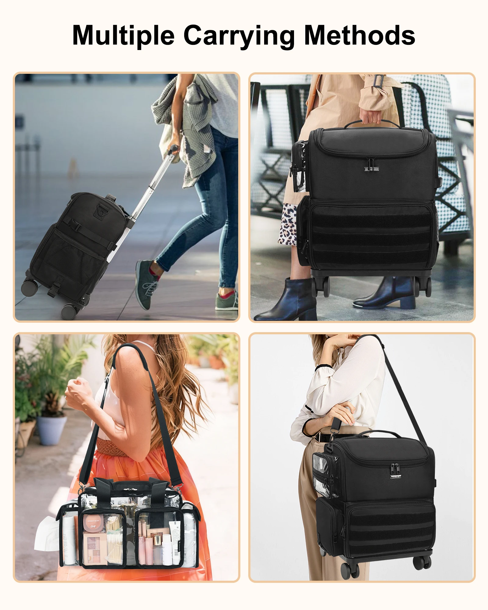 Professional PVC Cosmetic Case 360 Rotating Wheels 4 Transparent Pockets Adjustable Dividers Eco-Friendly Soft Handle