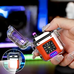 Outdoor Waterproof Quartz Watch Lighter, Transparent Type-C Electronic Lighter, Flameless, Power Display, Comes with Lanyard