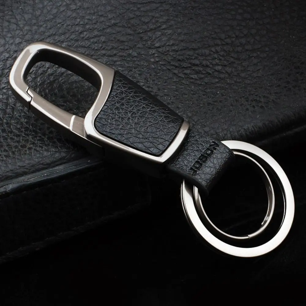 Metal Double Ring Car Key Chain Leather Simple Key Holder Rings Buckle Luxury One Click Open Waist Hanging Keychain for Men