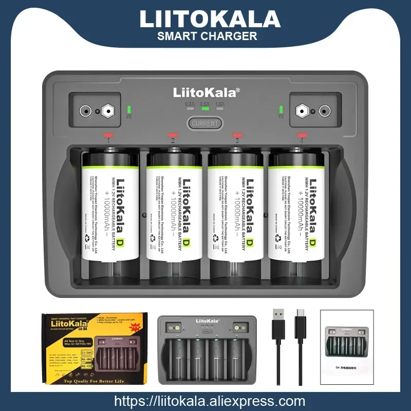 LiitoKala Lii-D4 4 Slots D 26650 18650 21700 18500 14500 16340 22650 AA AAA C SC 3.7V 1.2V 9V Lithium NiMH Smart Battery Charger