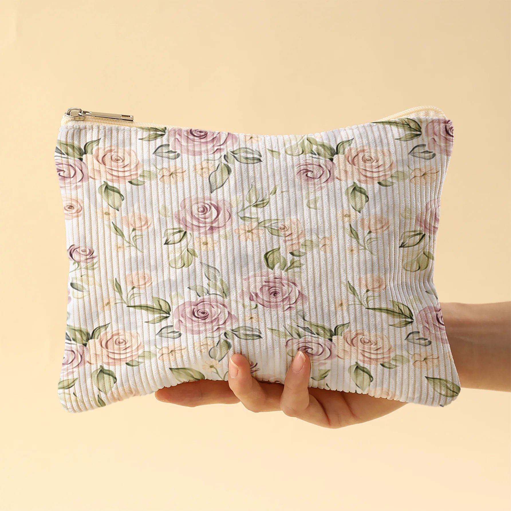 Corduroy Makeup Bag Light Pink Rose Print with Smooth Zipper Closure Corduroy Texture Lipstick Storage Fits for Vanity Clutter