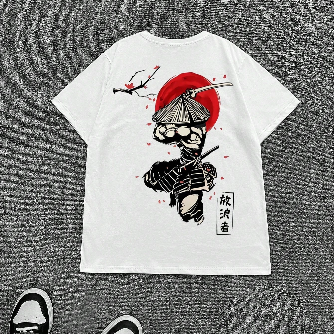 Japanese Samurai Graphic Printed T-Shirt Men Vintage Cherry Blossom Katana Oversized Streetwear Loose Casual Tops Tee