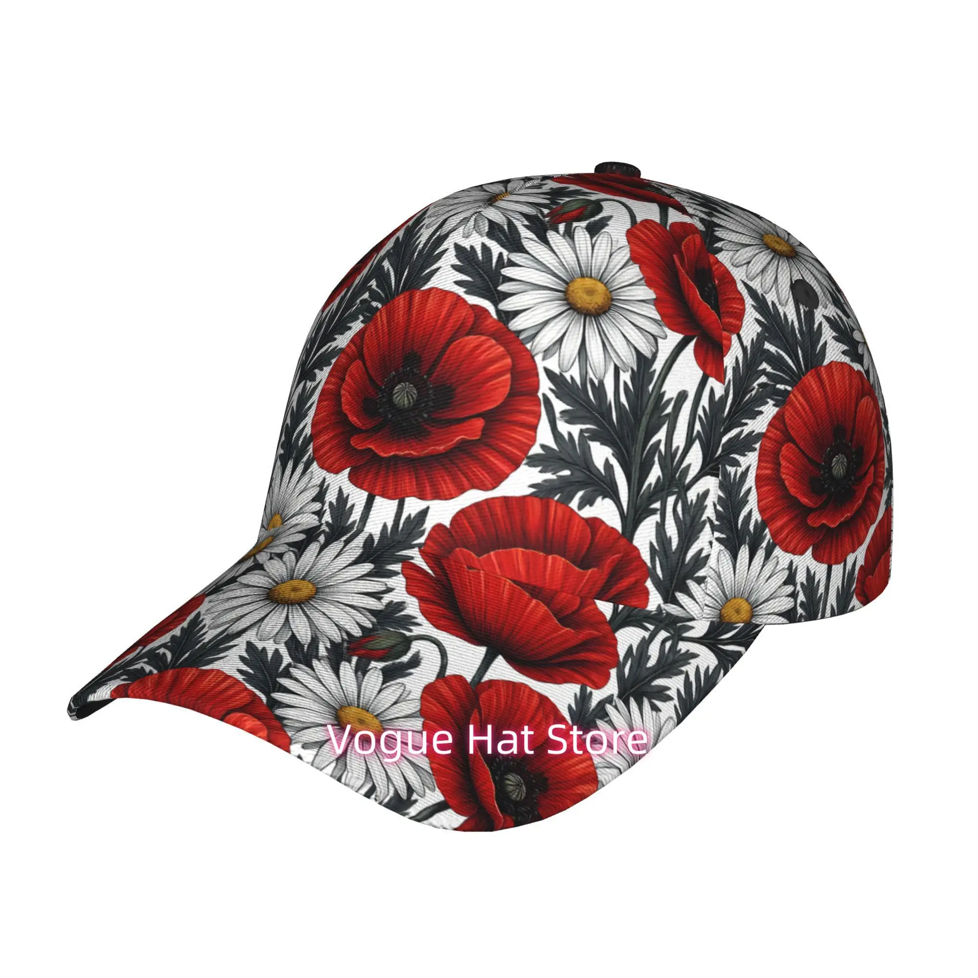Red Poppies And White Daisies Seamless Pattern Fashionable Printed Baseball Cap, Curved Brim Baseball Cap, Sports Running Cap, A
