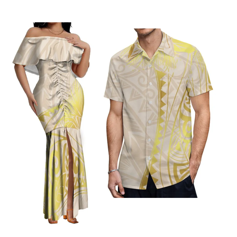 Damska sukienka na jedno ramię typu rybka, polinezyjski zestaw dla par na zamówienie i męska koszula, popularna samojska sukienka wieczorowa na festiwal.