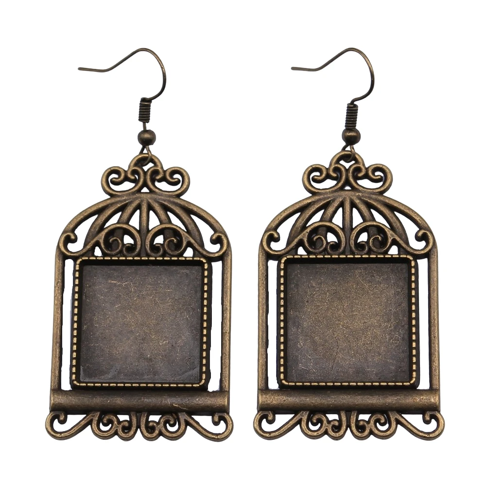 Vintage Antique Bronze Color 20mm Square Birdcage Style Cameo Cabochon Pendant Base Setting Dangle Earrings