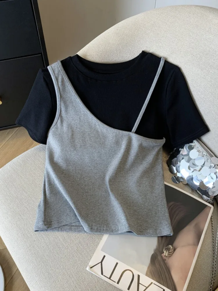 Cseta de Manga Corta con Cuello Redondo y Bloques de Color Estilo Coreano para Mujer, Top de Moda Único para Otoño, Tejido...