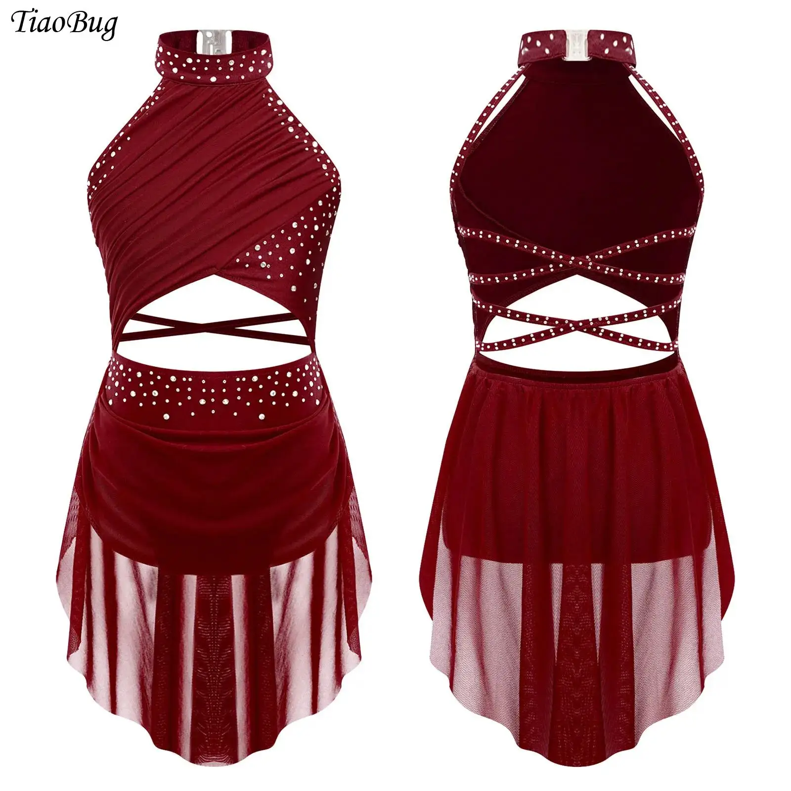 

Kids Girls Lyrical Dance Dress Figure Ice Skating Performance Costume Shiny Rhinestone Sheer Mesh Strappy Backless Leotard Dress