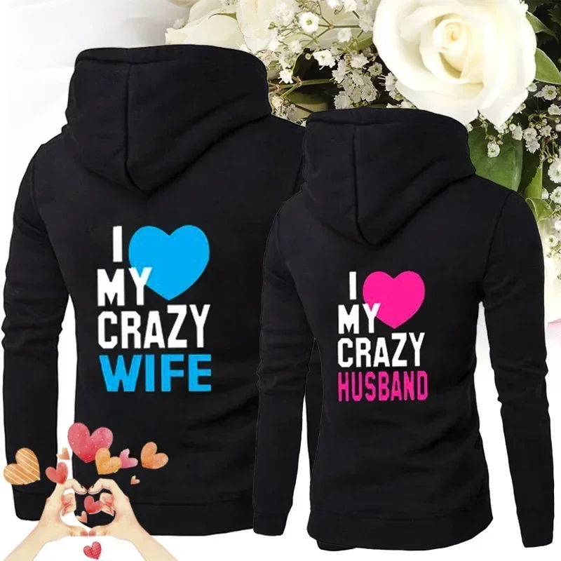 Women Men Lovers Sweatshirt Lovers Couples I LOVE MY CRAZY HUSBAND I LOVE MY CRAZY WIFE Couple Hoodies Chritsmas