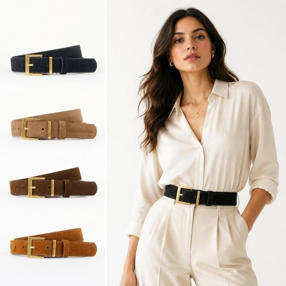 Retro Square Alloy Pin Buckle Waist Belt Matte Simple Casual Waist Strap Faux Suede Square Buckle Belt For Women